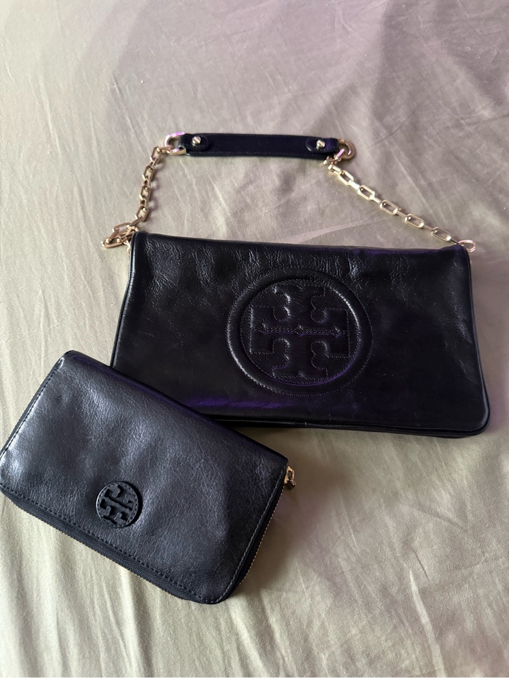 Tory Burch Black Leather Chain Wristlet with Matching Zip Wallet